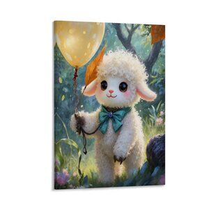 Fluffy Lamb with Balloon, Built-in Back Wood Frame, Wall Decor, 36L x 24W